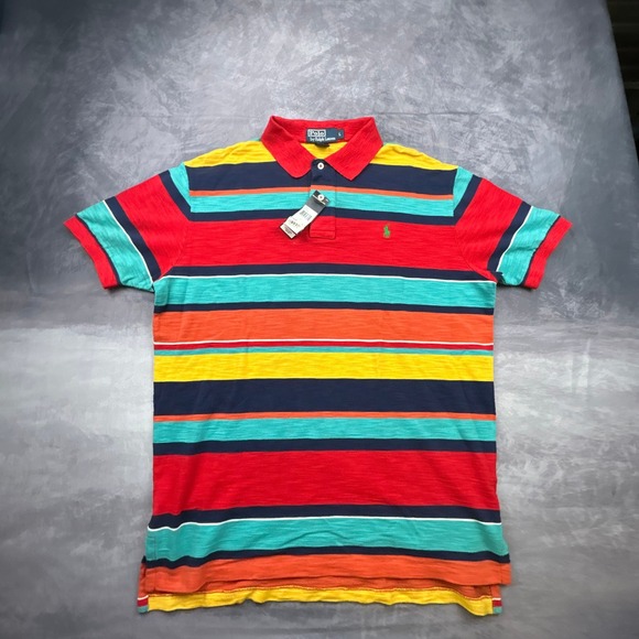 NWT Polo Ralph Lauren Mens Large Striped Polo Shirt Multi Color Y2K New 0460243 - Picture 5 of 8